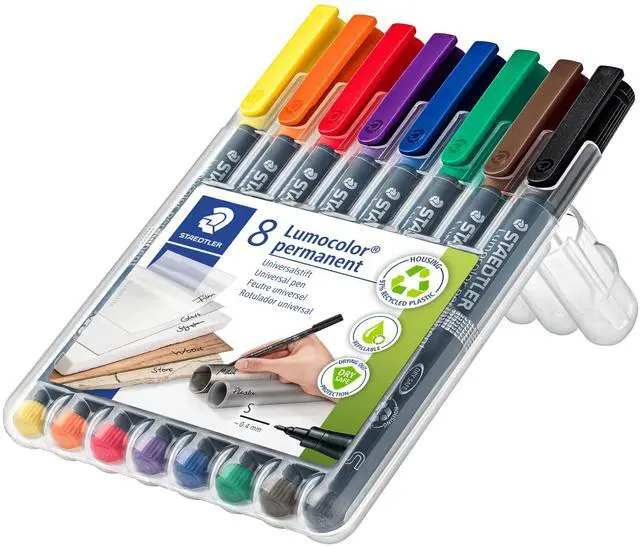 Alt view image 2 of 7 - Lumocolor Permanent Universal Pen: Set of 8 Permanent Markers, Assorted Colors, Superfine Felt Tip 0.4mm - Multi Surface, Quick Dry, Smudge-Proof, & Waterproof - For Home, School, & Office