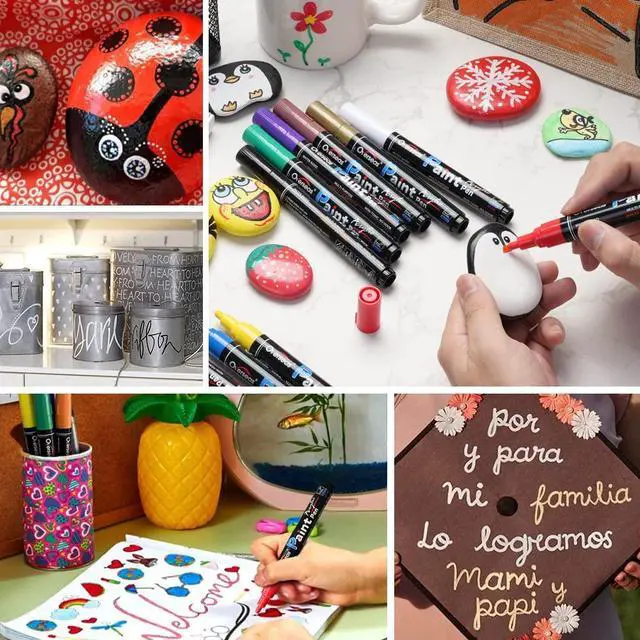 Alt view image 4 of 7 - Black Paint Pens Paint Markers - Permanent Acrylic Markers 2 Pack, Water Based, Quick Dry, Waterproof Marker Pen for Rock, Wood, Plastic, Metal, Canvas, Glass, Fabric, Mugs. Medium Tip