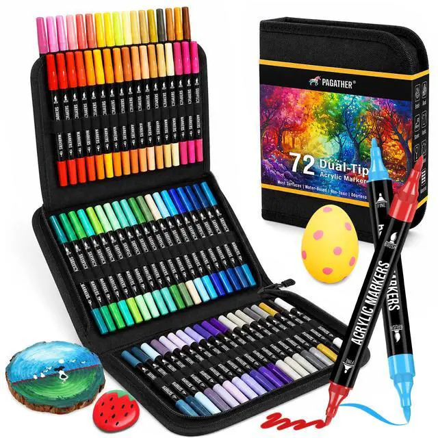 Main image of 72 Colors Acrylic Paint Markers, Dual Tip with Fine Tip and Brush Tip Pens for Stone, Wood, Calligraphy, Canvas, Ceramic, Metal, Glass, Rock Painting, DIY Crafts Art Supplies Kit