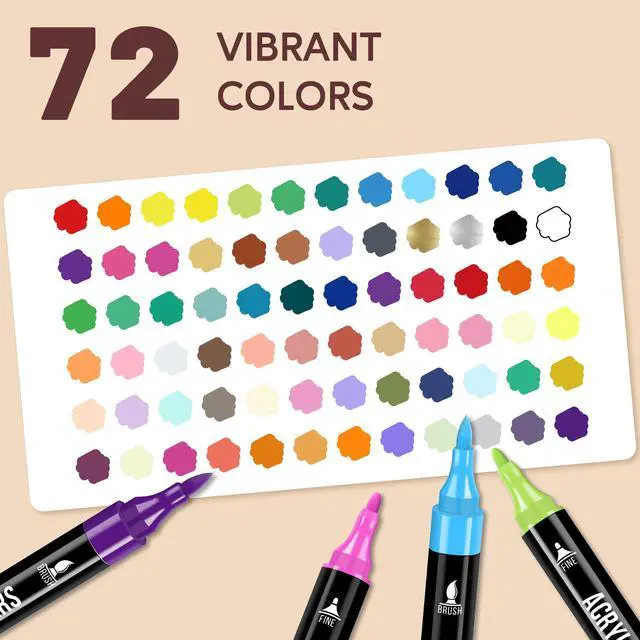 Alt view image 3 of 7 - 72 Colors Acrylic Paint Markers, Dual Tip with Fine Tip and Brush Tip Pens for Stone, Wood, Calligraphy, Canvas, Ceramic, Metal, Glass, Rock Painting, DIY Crafts Art Supplies Kit