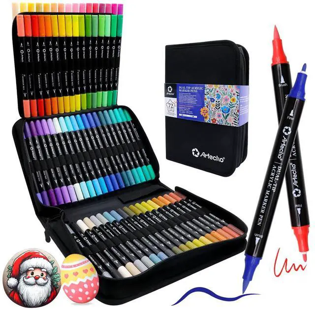 Main image of Acrylic Paint Markers 72 Colors with Bag, Acrylic Paint Pens with Brush Tip and Fine Tip for Stone, Rock Painting, Paper, Pumpkin, Wood, Egg, Canvas, Ceramic, Fabric, leather, Glass