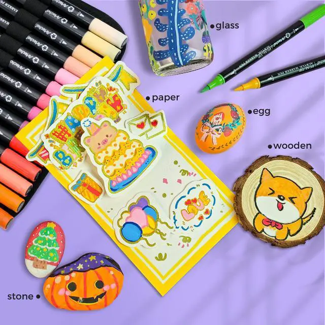 Alt view image 6 of 6 - Acrylic Paint Markers 72 Colors with Bag, Acrylic Paint Pens with Brush Tip and Fine Tip for Stone, Rock Painting, Paper, Pumpkin, Wood, Egg, Canvas, Ceramic, Fabric, leather, Glass