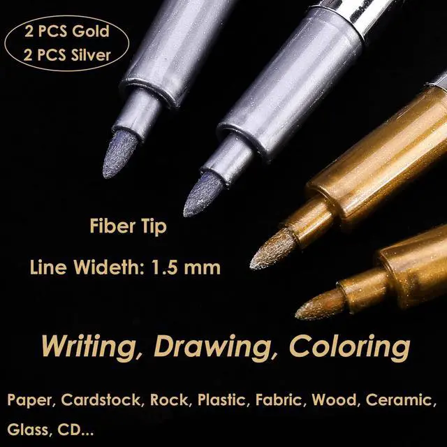 Alt view image 3 of 7 - Metallic Markers Pens - Silver and Gold Paint Pens for Black Paper, Glass, Rock Painting, Halloween Pumpkin, Card Making, Scrapbook Album, Christmas DIY Art Craft Kids, Set of 4