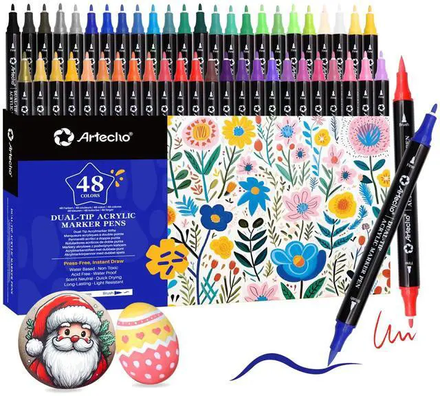 Main image of Acrylic Paint Markers 48 Colors, Acrylic Paint Pens with Brush Tip and Fine Tip for Stone, Rock Painting, Paper, Pumpkin, Wood, Egg, Canvas, Ceramic, Fabric, leather, Glass, DIY Crafts