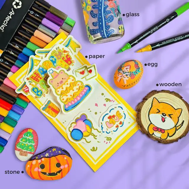 Alt view image 6 of 6 - Acrylic Paint Markers 48 Colors, Acrylic Paint Pens with Brush Tip and Fine Tip for Stone, Rock Painting, Paper, Pumpkin, Wood, Egg, Canvas, Ceramic, Fabric, leather, Glass, DIY Crafts