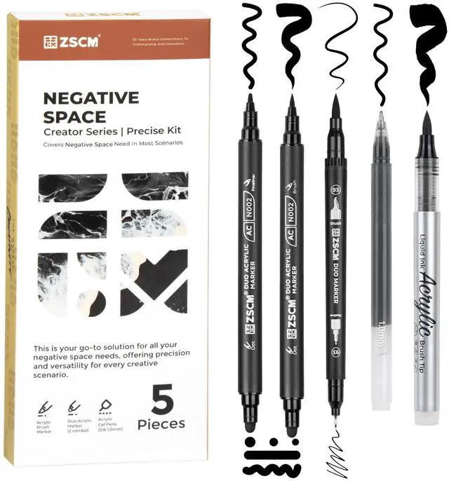 Main image of 5 Pack Black Acrylic Ink Pens for Drawing, Fine Point Black Gel Pens, Brush Tip MarkersDual-Tip Opaque Acrylic Markers for Highlighting Drawing, Sketching, Illustration, Card Making