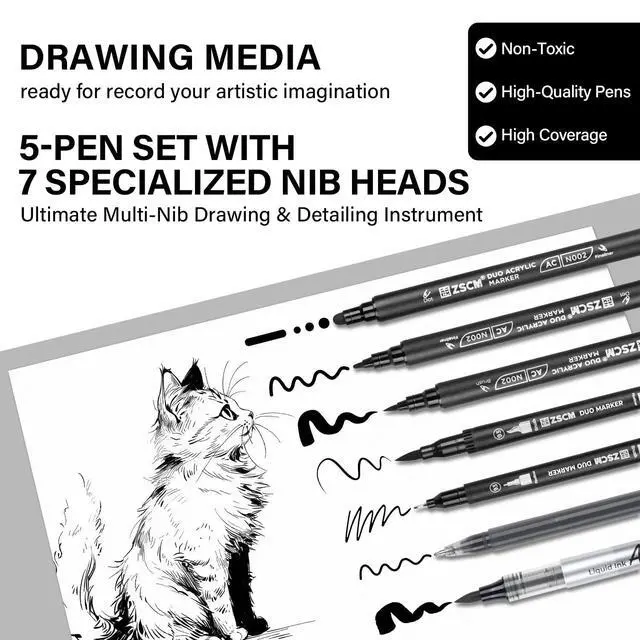 Alt view image 2 of 7 - 5 Pack Black Acrylic Ink Pens for Drawing, Fine Point Black Gel Pens, Brush Tip MarkersDual-Tip Opaque Acrylic Markers for Highlighting Drawing, Sketching, Illustration, Card Making