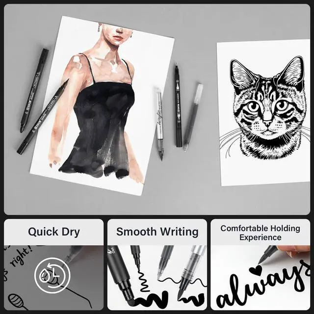 Alt view image 4 of 7 - 5 Pack Black Acrylic Ink Pens for Drawing, Fine Point Black Gel Pens, Brush Tip MarkersDual-Tip Opaque Acrylic Markers for Highlighting Drawing, Sketching, Illustration, Card Making