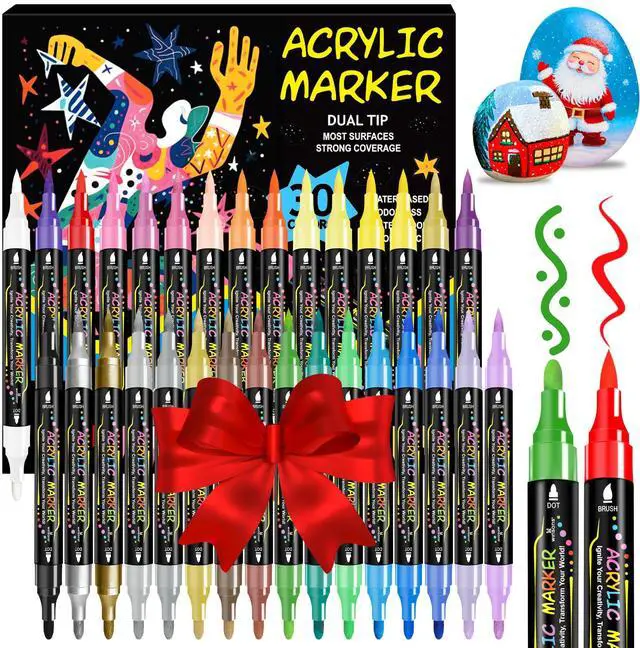 Main image of 30 Colors Dual Tip Acrylic Paint Markers Pens- Premium Acrylic Paint Markers, Brush & Round Tips, Quick-Drying - for Rock, Canvas, Ceramic, Wood (30 Colors)