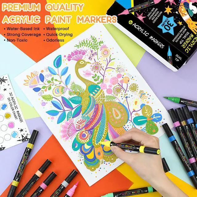 Alt view image 6 of 6 - 30 Colors Dual Tip Acrylic Paint Markers Pens- Premium Acrylic Paint Markers, Brush & Round Tips, Quick-Drying - for Rock, Canvas, Ceramic, Wood (30 Colors)