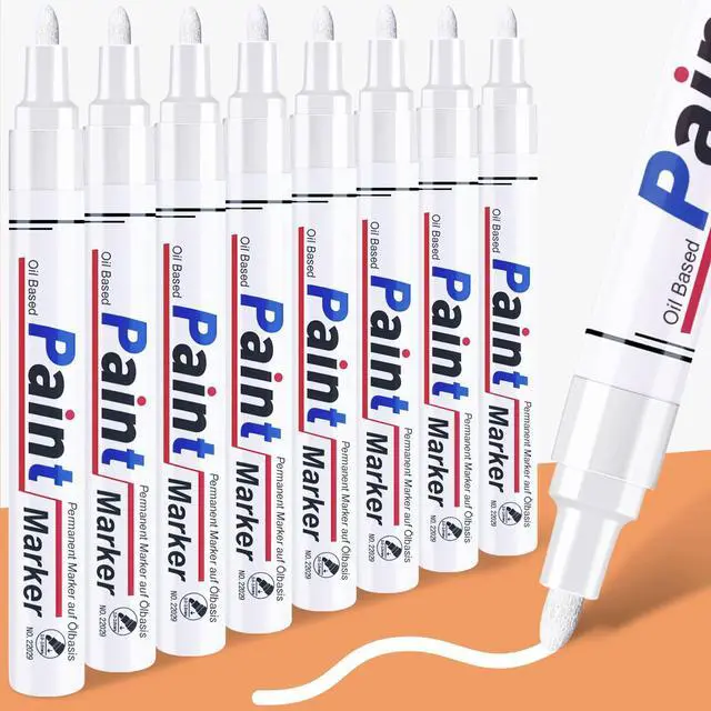 Main image of White Permanent Marker Waterproof - 8 White Paint Markers for Metal Surfaces Tire Black Paper Wood Plastic Rocks Fabric, Marker Permanent, Oil Based Paint Markers Medium Tip