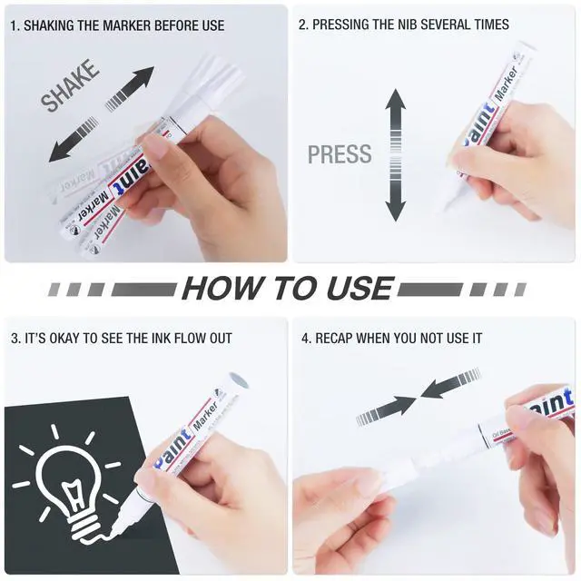 Alt view image 7 of 7 - White Permanent Marker Waterproof - 8 White Paint Markers for Metal Surfaces Tire Black Paper Wood Plastic Rocks Fabric, Marker Permanent, Oil Based Paint Markers Medium Tip