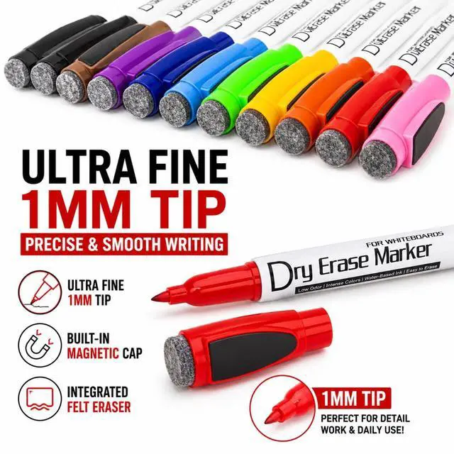 Alt view image 6 of 7 - Magnetic Dry Wipe Pens Dry Erase Markers With Eraser Cap Low Odor Fine Tip Whiteboard Pens Pack of 12,10 Colors