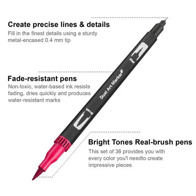 Alt view image 2 of 7 - Markers for Adult Coloring Books No Bleeding, Set of 36 Colors, Coloring Pens for Adults, Dual Brush Marker Pens with Fine & Brush Tips, Art Supplies for Drawing, Calligraphy, Sketching and Doodling.