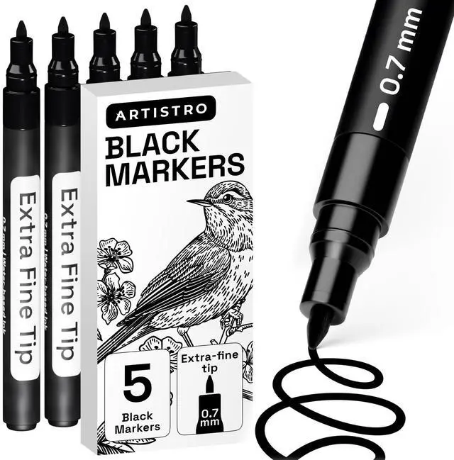 Main image of 5 Black Paint Pen for Rock, Glass, Ceramic, Wood, Tire, Fabric, Metal, Canvas, Marking, Painting - Set of 5 Acrylic Paint Markers Water-based