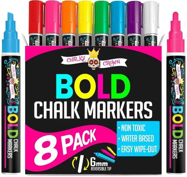 Main image of Bold Chalk Markers - Dry Erase Marker Pens - Liquid Chalk Markers for Chalkboards, Signs, Windows, Blackboard, Glass, Mirrors - Chalkboard Marker with Reversible Tip (8 Pack) - (Multicolored, 6mm)