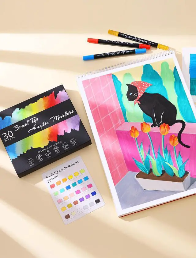 Alt view image 7 of 7 - 30 Colors Dual Tip Acrylic Paint Markers, Premium Brush&Fine Acrylic Paint Pens for Rock, Wood, Paper, Fabric, Canvas, Glass,Ceramic,Egg,Scrapbook and DIY Crafts Supplies-Junk Journal Supplies