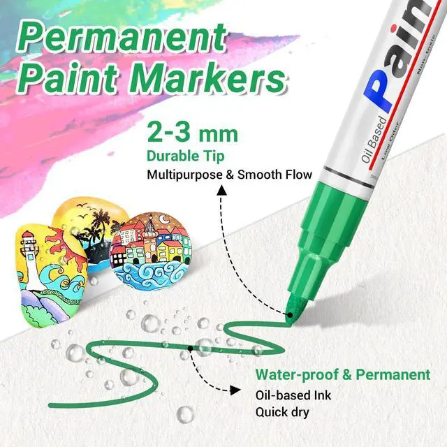 Alt view image 2 of 7 - Oil Based Paint Pen, Permanent Paint Marker: Quick-Dry, Waterproof Marker Set of 12 for Rock Painting, Glass, Fabric, Ceramic, Wood, Metal, Mug, Plastic, Stone, Christmas Art Craft Supplies Kit
