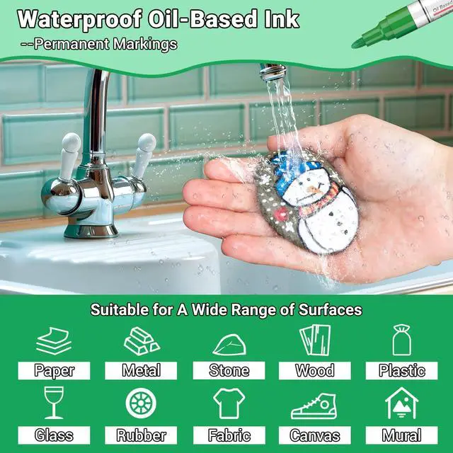 Alt view image 3 of 7 - Oil Based Paint Pen, Permanent Paint Marker: Quick-Dry, Waterproof Marker Set of 12 for Rock Painting, Glass, Fabric, Ceramic, Wood, Metal, Mug, Plastic, Stone, Christmas Art Craft Supplies Kit