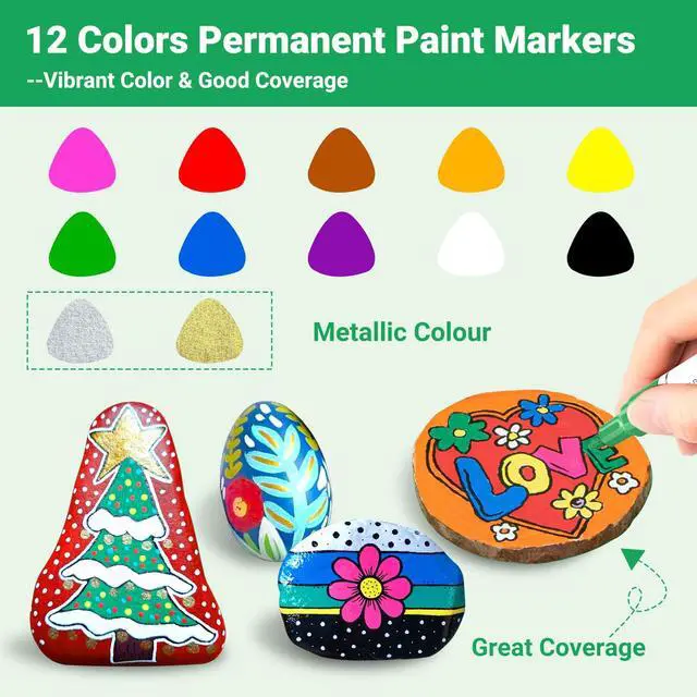 Alt view image 5 of 7 - Oil Based Paint Pen, Permanent Paint Marker: Quick-Dry, Waterproof Marker Set of 12 for Rock Painting, Glass, Fabric, Ceramic, Wood, Metal, Mug, Plastic, Stone, Christmas Art Craft Supplies Kit