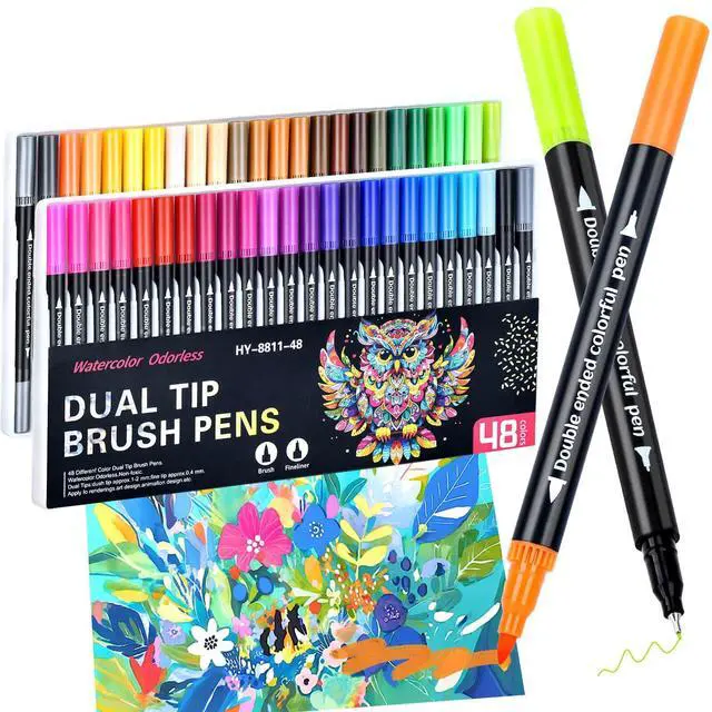 Main image of 48 Colors Markers, Dual Tip with Fine Tip and Brush Tip Pens for Adult Coloring Book, Dual Brush Coloring Markers, Art Supplies Marker s Kit for Calligraphy, Drawing, DIY Crafts