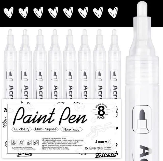 Main image of White Acrylic Paint Markers, 8 Pack Acrylic White Paint Pen Sets for Rock Painting, Wood, Stone, Glass, Ceramic, Paper, Drawing, Art Projects, DIY Crafts, Water-Based ink, 2-3mm Medium Tip