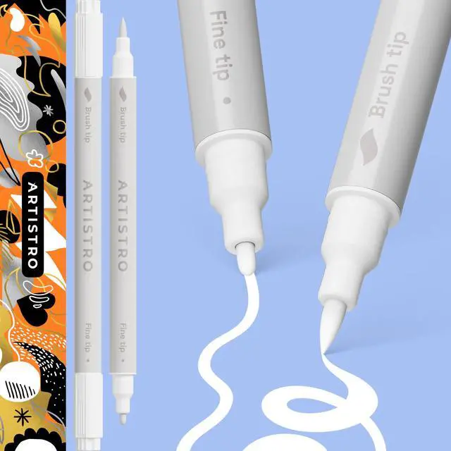 Main image of 2 White Dual-Tip Acrylic Paint Pens - Multisurface Markers for Glass, Rock, Fabric, Wood, Plastic & More - 1 mm Fine & Brush Tips