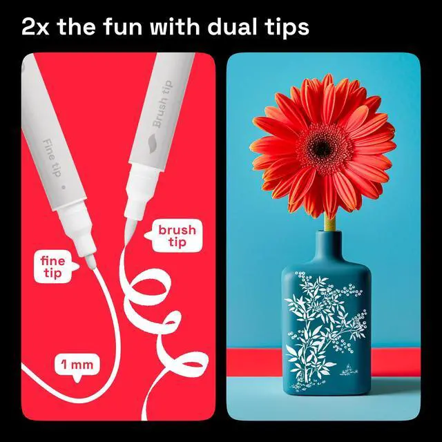 Alt view image 4 of 6 - 2 White Dual-Tip Acrylic Paint Pens - Multisurface Markers for Glass, Rock, Fabric, Wood, Plastic & More - 1 mm Fine & Brush Tips