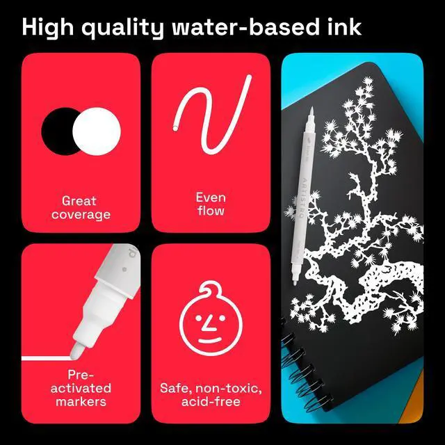 Alt view image 5 of 6 - 2 White Dual-Tip Acrylic Paint Pens - Multisurface Markers for Glass, Rock, Fabric, Wood, Plastic & More - 1 mm Fine & Brush Tips