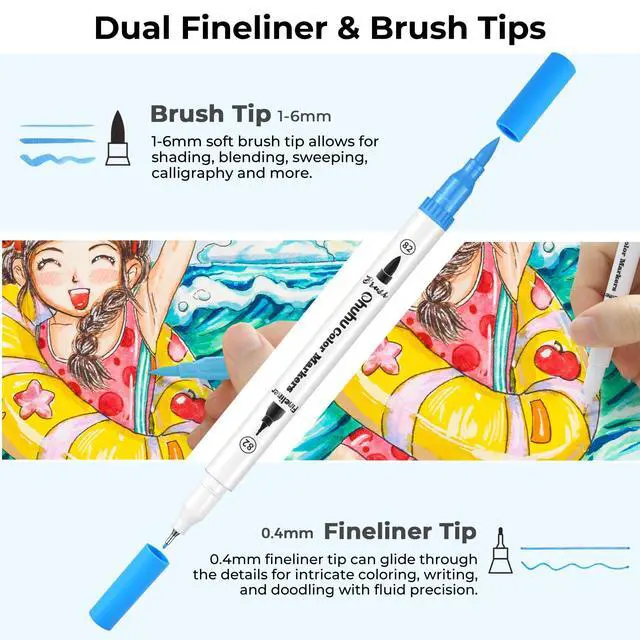 Alt view image 3 of 7 - Markers for Adult Coloring Books No Bleeding 60 Colors Coloring Markers Water-based Dual Tips Fineliner & Brush Drawing Pens Art Pens for Kids Adults Sketch Journal - Maui - White