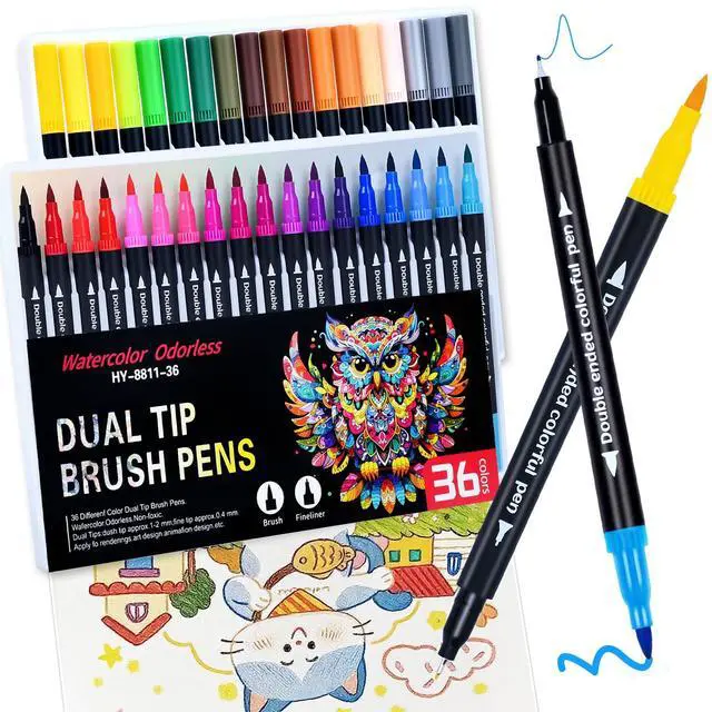 Main image of 36 Colors Brush & Fine Dual Tip Art Markers Set for Adult Kids Coloring, Dual Tip Colored Pens Markers Quick Drying Without Fading ,Water Based Marker for Painting,Calligraphy, Doodling Journal