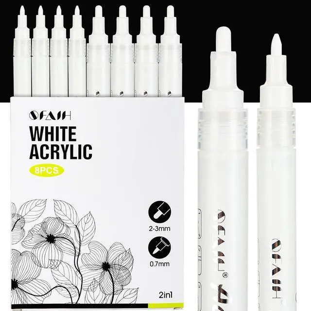 Main image of Acrylic White Paint Pens - 8 Pack 2-3MM Medium Tip & 0.7MM Extra Fine Paint Marker for Rock Painting, Wood, Metal, Fabric, Plastic, Canvas, Glass, Ceramic, Diy Crafts, White Out Pen