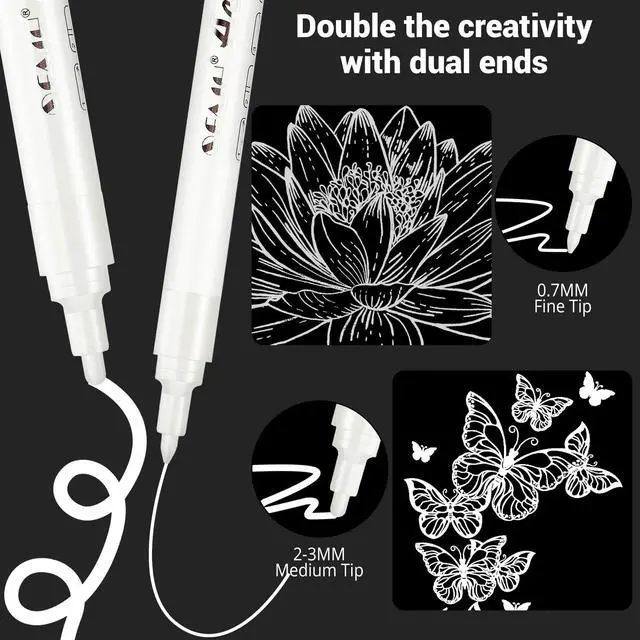 Alt view image 2 of 7 - Acrylic White Paint Pens - 8 Pack 2-3MM Medium Tip & 0.7MM Extra Fine Paint Marker for Rock Painting, Wood, Metal, Fabric, Plastic, Canvas, Glass, Ceramic, Diy Crafts, White Out Pen