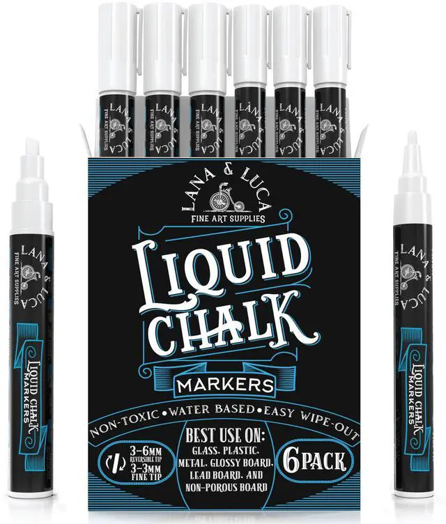 Main image of Liquid Chalk Marker Pen - White Dry Erase Marker - Chalkboard Signs, Windows, Blackboard, Glass (6 Pack) 3-6mm Reversible Tip, 3-3mm Fine Tip