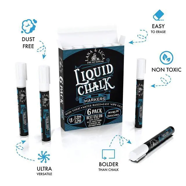 Alt view image 2 of 7 - Liquid Chalk Marker Pen - White Dry Erase Marker - Chalkboard Signs, Windows, Blackboard, Glass (6 Pack) 3-6mm Reversible Tip, 3-3mm Fine Tip
