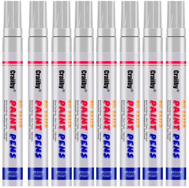 Main image of White Paint Markers, 8 Pack Oil-Based Waterproof Quick Dry and Permanent Paint Pen Set for Rocks Painting, Wood, Plastic, Canvas, Glass, Mugs, Metal, Tire, Stone, DIY Craft