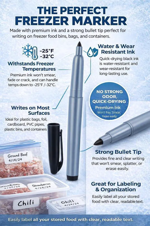Alt view image 7 of 7 - Permanent Freezer Marker Set of 2 Waterproof Fast-Drying Black Ink Pens with Chisel Tip for Food Labeling, Fridge & Freezer Storage, Kitchen & Lab Use & General Organization.