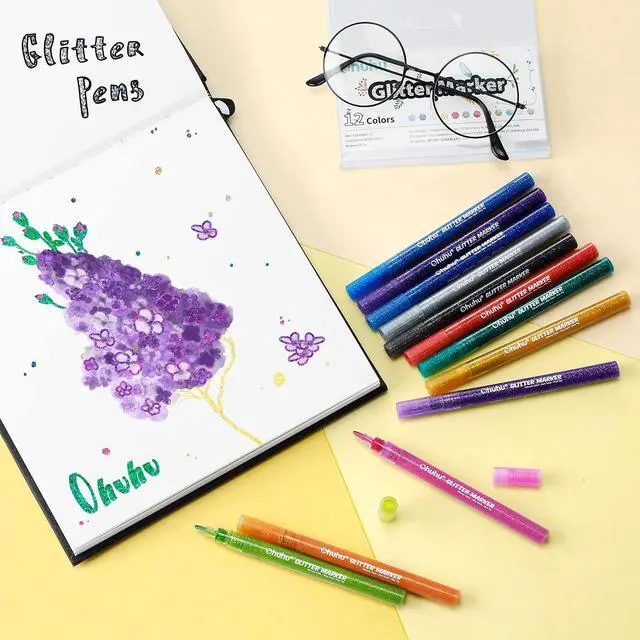 Alt view image 2 of 7 - Glitter Markers Pen: 12 Glitter Colors Metallic Shimmer Marker Fine Tip Water-based Ink for Kids Adults DIY Crafts Greeting Birthday Cards Making Mugs Wood- AP Certificated