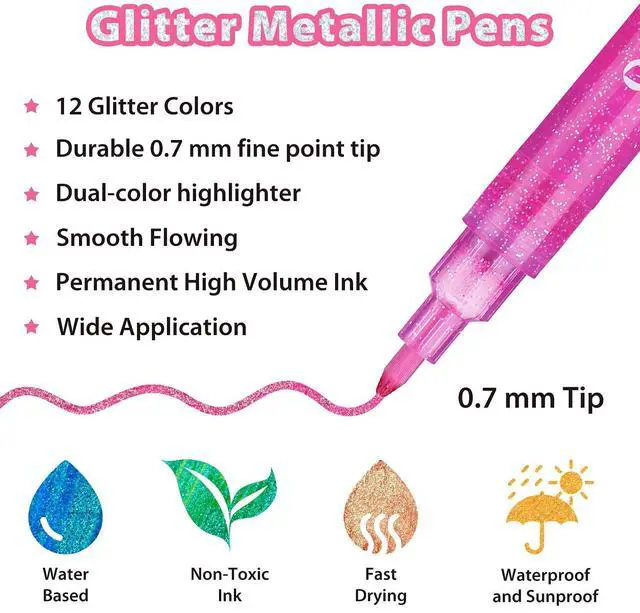 Alt view image 3 of 7 - Glitter Markers Pen: 12 Glitter Colors Metallic Shimmer Marker Fine Tip Water-based Ink for Kids Adults DIY Crafts Greeting Birthday Cards Making Mugs Wood- AP Certificated