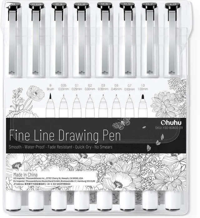 Main image of Fineliner Pens Micro Drawing Pens: 8-size Tips (Ultra-fine, Fine & Brush) Waterproof Pigment Black Ink for Illustration Drawing Journaling Sketching for Artist Beginners