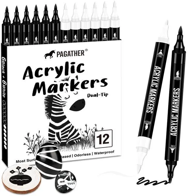 Main image of Black and White Acrylic Paint Markers, Dual Tip with Fine Tip and Brush Tip Pens for Fabric, Stone, Wood, Canvas, Ceramic, Metal, Glass, Rock Painting, DIY Crafts