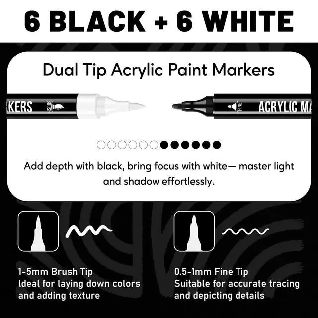 Alt view image 2 of 7 - Black and White Acrylic Paint Markers, Dual Tip with Fine Tip and Brush Tip Pens for Fabric, Stone, Wood, Canvas, Ceramic, Metal, Glass, Rock Painting, DIY Crafts