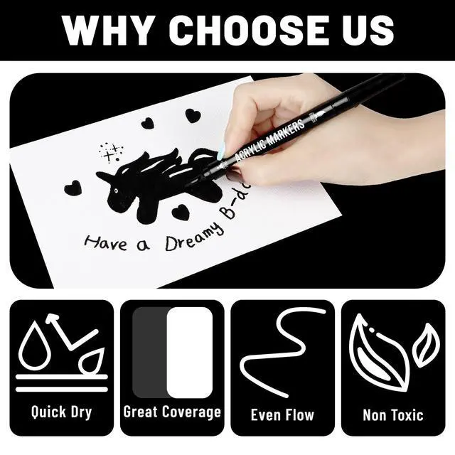 Alt view image 3 of 7 - Black and White Acrylic Paint Markers, Dual Tip with Fine Tip and Brush Tip Pens for Fabric, Stone, Wood, Canvas, Ceramic, Metal, Glass, Rock Painting, DIY Crafts