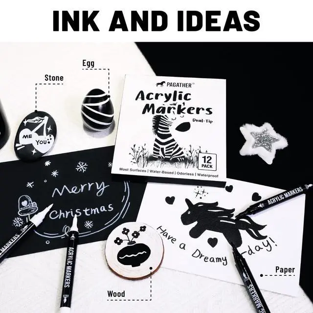 Alt view image 6 of 7 - Black and White Acrylic Paint Markers, Dual Tip with Fine Tip and Brush Tip Pens for Fabric, Stone, Wood, Canvas, Ceramic, Metal, Glass, Rock Painting, DIY Crafts