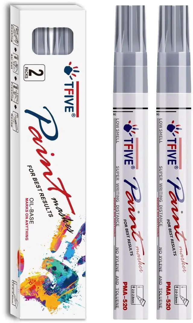 Main image of Silver Permanent Paint Marker Pens - 2 Count Oil Based Marker Pen, Medium Tip, Waterproof & Quick Dry, for Office, Art, Rock Painting, Ceramic, Glass, Wood, Plastic, Metal, Canvas