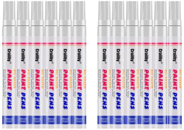 Main image of White Paint Markers, 12 Pack Oil-Based Waterproof Quick Dry Permanent Paint Pen Set for Rocks Painting, Wood, Plastic, Canvas, Glass, Mugs, Metal, Tire, Stone, DIY Craft