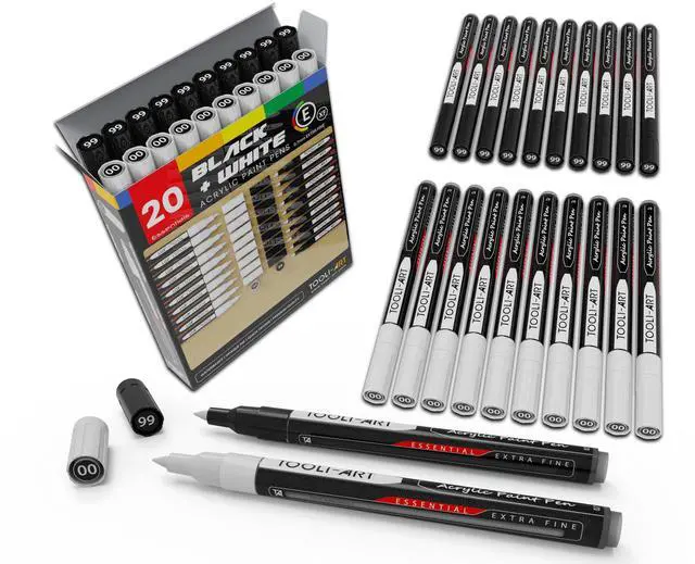 Main image of Black And White Acrylic Paint Markers Paint Pens Set For Rock Painting, Canvas, Mugs, Metal, Glass Paint, Fabric, Wood, DIY. Non Toxic, Quick Dry,Waterbas (EXTRA FINE)