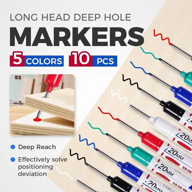 Alt view image 2 of 7 - 10 Pcs Long Head Deep Hole Marker, 2025 New 20mm Long Nib Marker Pens Permanent Markers, Quick Dry Waterproof Fine Tip Marker Pens, Carpenter Marker Pen for Office Supplies, Art Projects, Woodworking