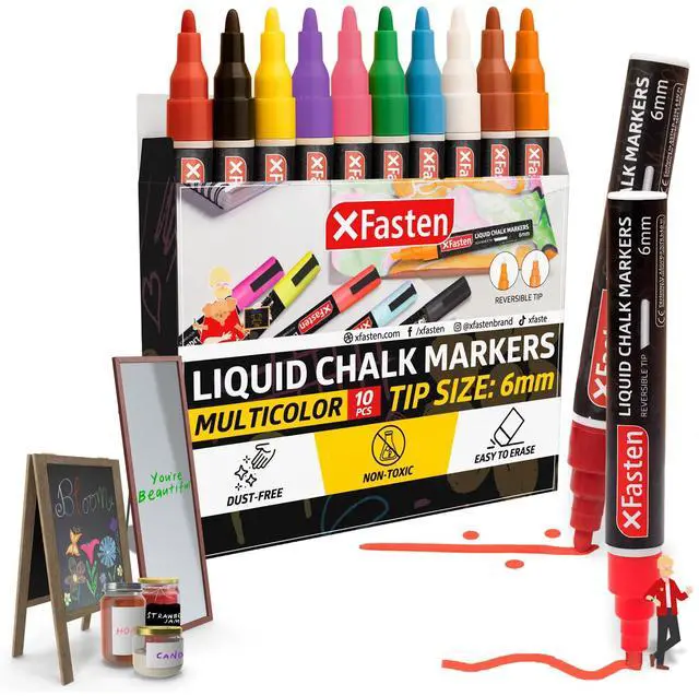 Main image of Liquid Chalk Markers 10-Pack, 6mm Reversible Bullet and Chisel Liquid Chalk Markers Erasable for Dry Erase Board, Glass, Mirrors, Car Windows, Pens for Menu Boards