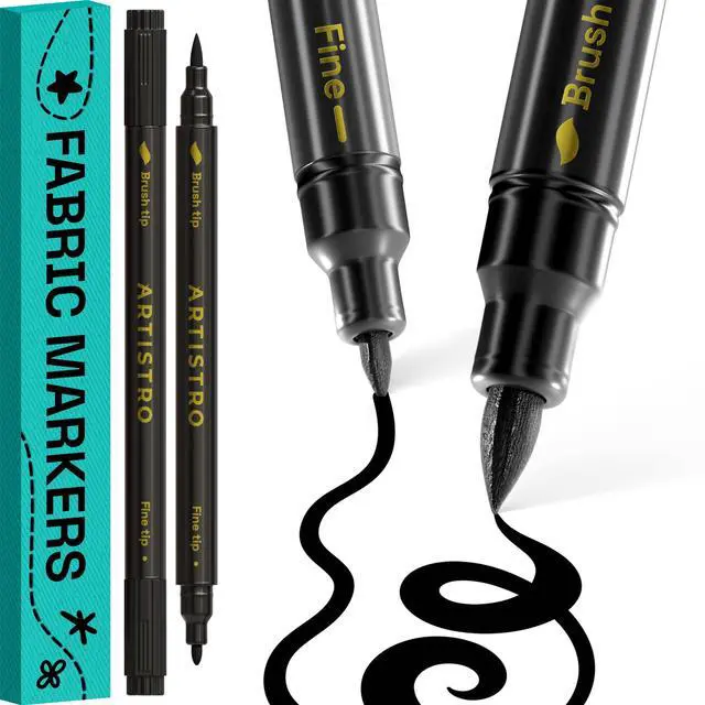 Main image of 2 Black Dual-Tip Fabric Markers - Fabric Decorating Kit - Permanent for Clothes - Acrylic Paint Pens for Sneakers, Bags, Shoes, Textile, Canvas, Sewing, Craft, DIY - Brush and Fine Tip